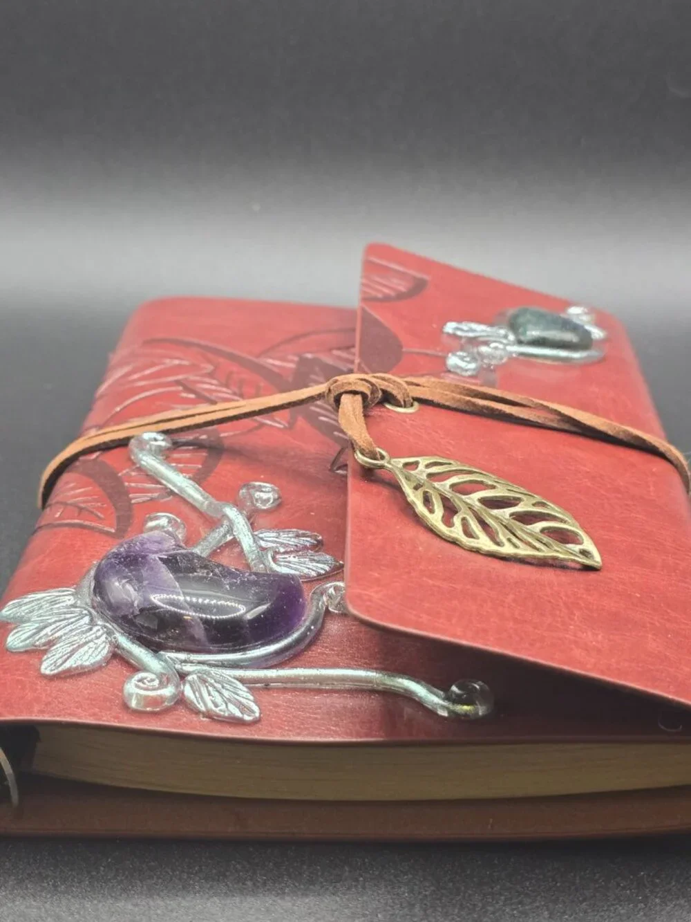 Brown Faux Leather Journal | Amethyst Crescent Moon & Labradorite Heart